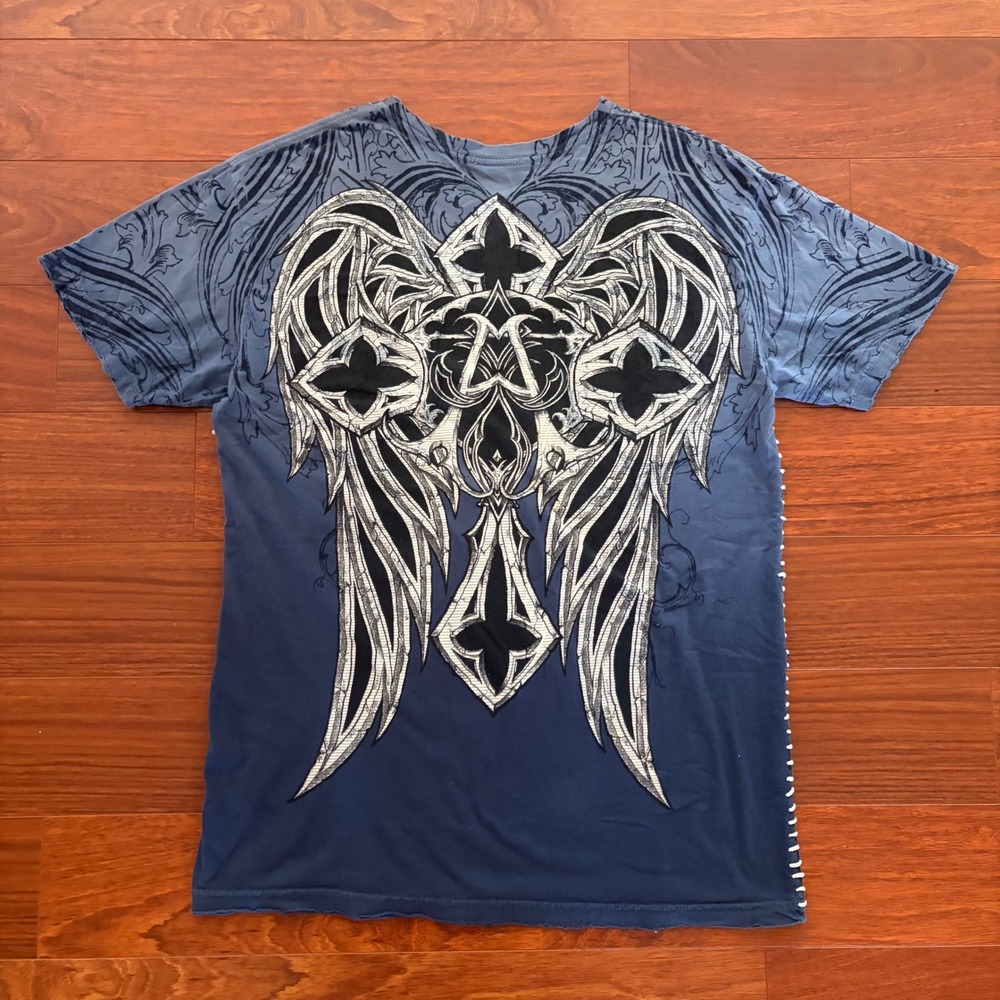 Affliction Men XL Blue Y2K USA Made T-Shirt Gothic Wings MMA Whipstitch Tee